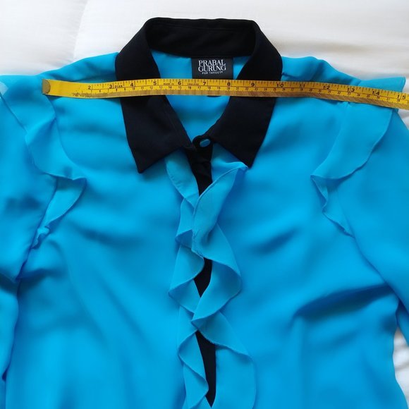 Prabel Gurung x Target blue long sleeve blouse w/black accents & ruffles Small - Picture 5 of 16